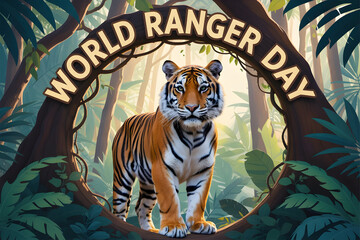 Celebrate World Ranger Day with this striking tiger illustration set against a lush jungle backdrop.