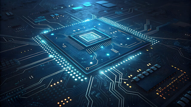 Here's a single sentence for describing the image:

A blue electronic circuit board background showcases the intricate macro details of computer hardware, chips, and components, embodying digital tech