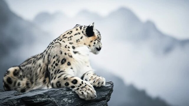 A majestic snow leopard rests on a rocky outcrop, its spotted fur blending seamlessly with the misty mountain backdrop