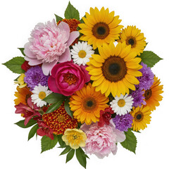 Naklejka premium A vibrant bouquet of sunflowers, peonies, and daisies isolated on transparent background