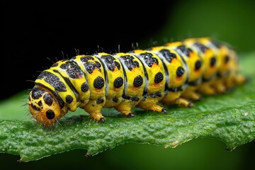 Yellow and black caterpillar on a green leaf