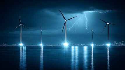 Wind Turbines Illuminated by Lightning Over Ocean at Night