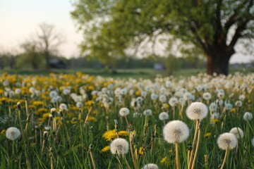 Yellow flowers in a verdant meadow in spring