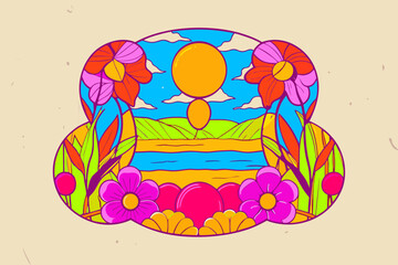 Colorful Vintage Floral Landscape Illustration with Sun and Water for Art Blogs, Graphic Design Websites, Eco Awareness Campaigns, and Retro Aesthetic Projects  