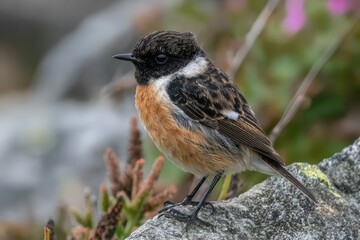 Fototapeta premium Young European stonechat small songbird with black and orange feathers