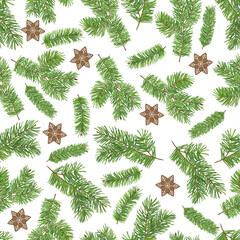 Green spruce twigs and ginger stars seamless pattern. Holiday backdrop for packaging wrapping and gift paper, textiles, clothing, polygraphy, stationery