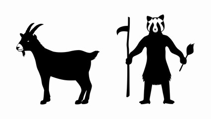 Silhouette of a goat standing next to a raccoon like figure holding a torch and a staff like object