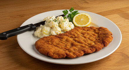 A plate of breaded, fried meat with potato salad, lemon, and parsley.