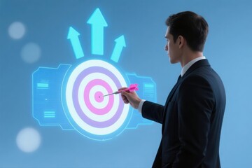 Businessman aiming a dart at a futuristic digital target with upward arrows representing growth and success
