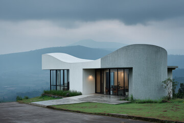 imagine futuristic architectural marvel that blends smooth organic shapes with glass and concrete seamlessly