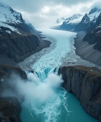 Majestic glacier waterfall cascading into a vibrant river valley