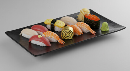 Assortment of colorful sushi pieces on a dark plate, showcasing various fillings and textures.