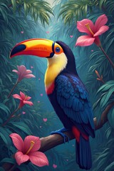 Fototapeta premium Colorful toucan perched on a branch surrounded by tropical flowers in forest