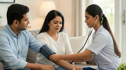 Young doctor checking blood pressure of an indian couple at home, demonstrating healthcare and wellness with a caring professional. - Powered by Adobe