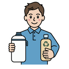 Cartoon man holding a white water bottle and a beige bottle with a recycling symbol on a black background