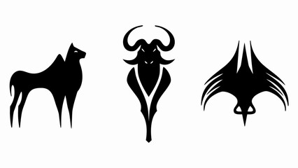 Three distinct black silhouette icons featuring an animal, a bull, and a winged creature design