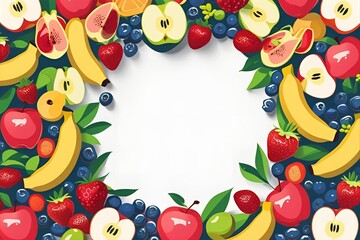 Cheerful square frame composed of bright and colorful fresh fruits. A vibrant border with citrus, berries, and apples, ideal for promoting healthy eating, summer events, or juice bars