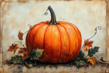 A pumpkin painting with leaves on it.