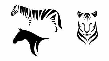 Stylized zebra horse and tiger animal silhouettes in black and white vector illustration art