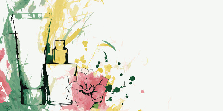 Cosmetics and flowers painted in green and pink, for beauty blogs