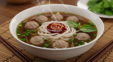 Steaming bowl of flavorful Vietnamese meatballs and rice noodles soup, garnished with herbs and chili oil.