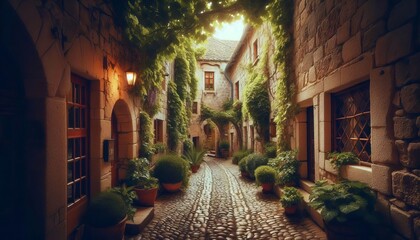 A cobblestone alleyway in an old European town with ivy covered