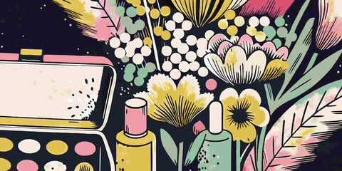 Makeup palette and cosmetics with floral design, for beauty blogs