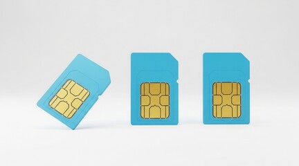 Three bright blue sim cards with gold chips arranged on a clean white background in a studio setting