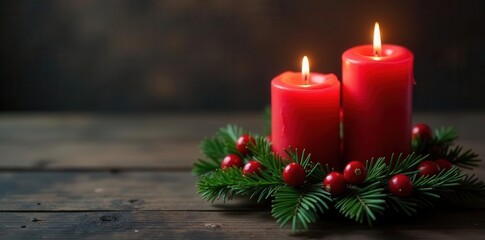 Two red candles in a berry wreath, Christmas decor, dark wood background , sacred, holy