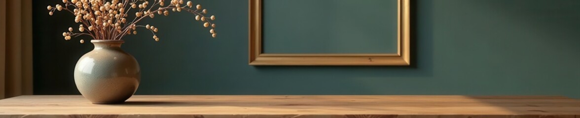 Wooden table, ceramic vase, dry flowers, golden frame, clean, art