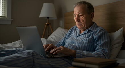 Elderly man working on a laptop in bed at home during evening or night time with a focused expression and soft lighting creating a cozy and quiet atmosphere for remote work or leisure activities