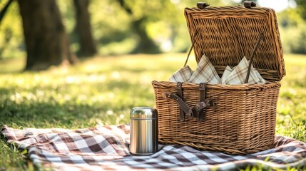A beautiful, empty wicker picnic basket, open on a checkered blanket, with a thermos and linen napkins ready to be packed, awaiting a sunny day adventure, nostalgic and bright.