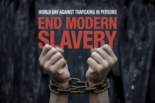 World day against trafficking portrays ending modern slavery with chained hands for justice and human rights awareness.
