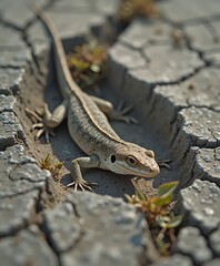 Obraz premium Lizard exploring cracked earth in a dry landscape during daylight hours