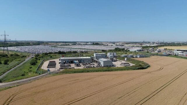 Aerial drone shot of BOC gas industrial manufacturing facility, natural gas LPG cylinders production for import and export in Immingham England UK
