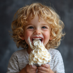 Little boy joyfully eating cake.