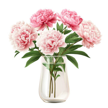Elegant arrangement of pink peony flowers in a transparent glass vase on transparent background