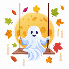 Spooky and delightful Halloween vector illustration featuring a child ghost on a tree swing under a shining full moon, in a tranquil, magical night scene