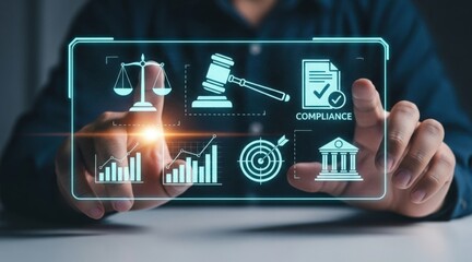 Person interacting with a digital interface displaying icons for law compliance finance and strategy