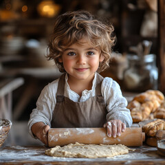 Little girl making bread in kitchen.
