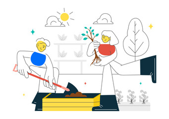 Community Garden Vector Illustration Featuring People Enjoying Their Time at a Public Farm in Town While Taking Care of Plants in a Environmental