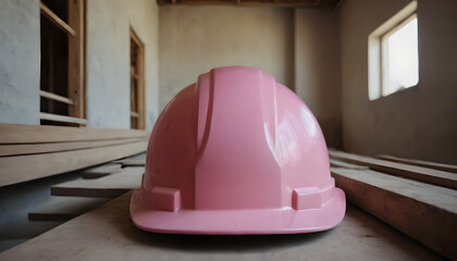 pink hard hat inside a building