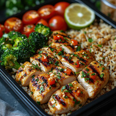 Black container filled with chicken and rice.