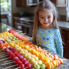 Little girl in front of fruit baskets.
