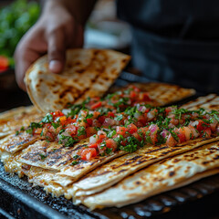 Person assembling a tomato and onion sandwich on bread.