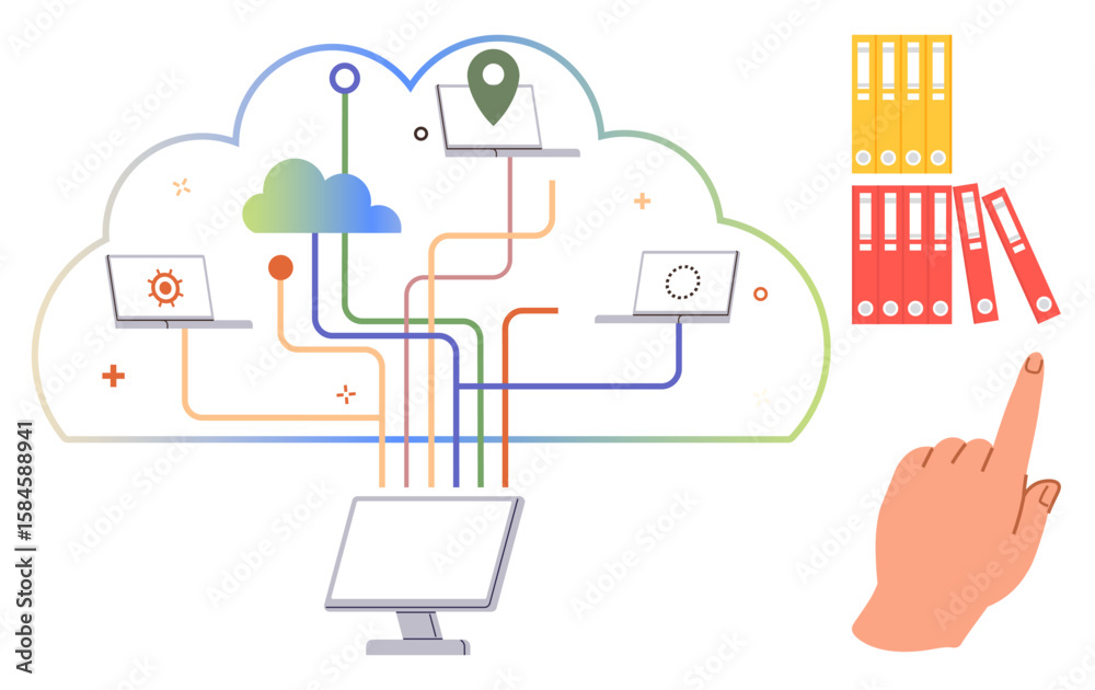 Poster cloud network connecting devices with various data paths, file folders, and hand interacting with fi