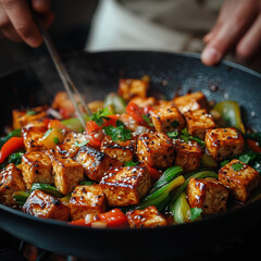 Person cooking tofu in a skillet.