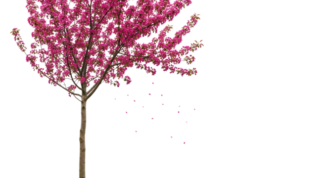 A pink blossom tree blooms in spring, isolated on transparent background, with delicate petals falling