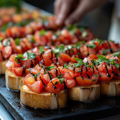 Toasted bread with tomato and basil on a plate.