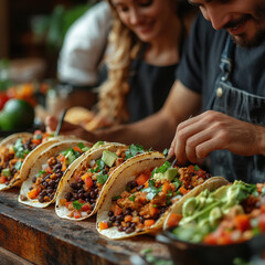 Man and woman cooking tacos together.